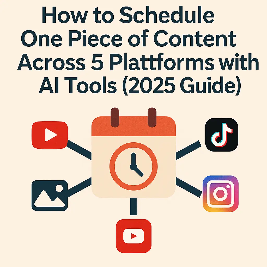 Illustration explaining how to schedule one piece of content across five platforms using AI tools in 2025